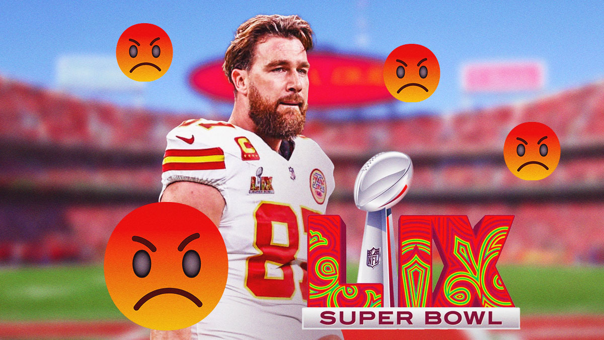 Travis Kelce, angry emojis all around. Super Bowl 59 logo.