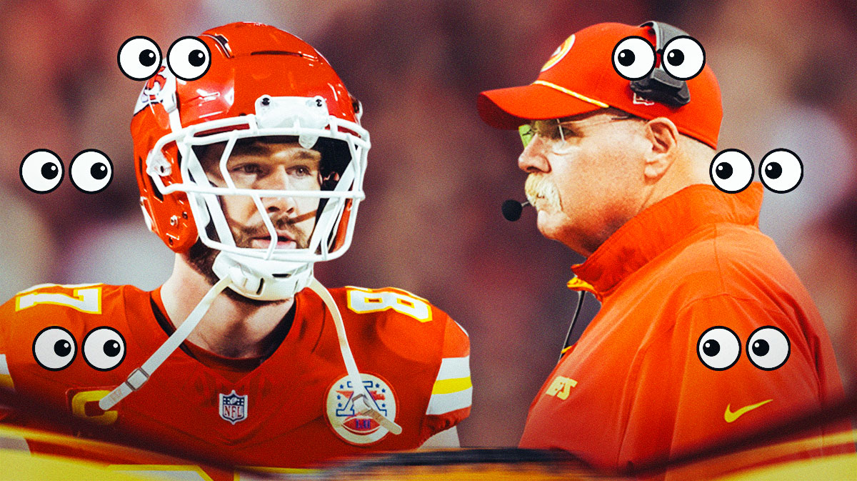 Travis Kelce on one side, Andy Reid on the other side, a bunch of the big eyes emojis in the background