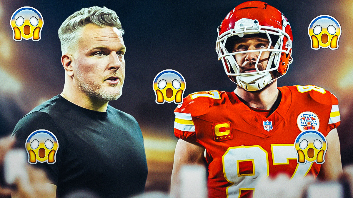 Pat McAfee on one side, Travis Kelce on the other side, a bunch of shocked emojis in the background
