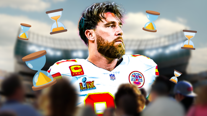 Travis Kelce in a Kansas City Chiefs uniform with Hour Glass Done and Hour Glass Not Done emojis around him as retirement talk continues after Super Bowl loss.
