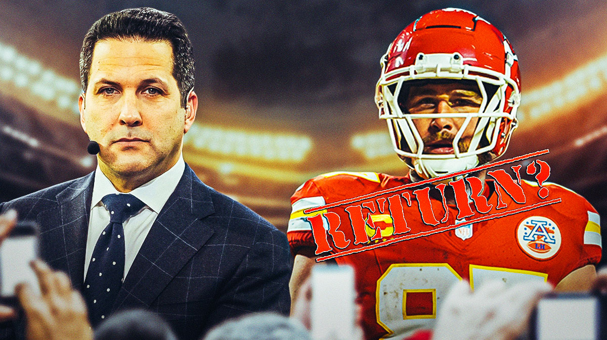 Adam Schefter looking at Chiefs tight end Travis Kelce who has a stamp mark that says "Return?" on him