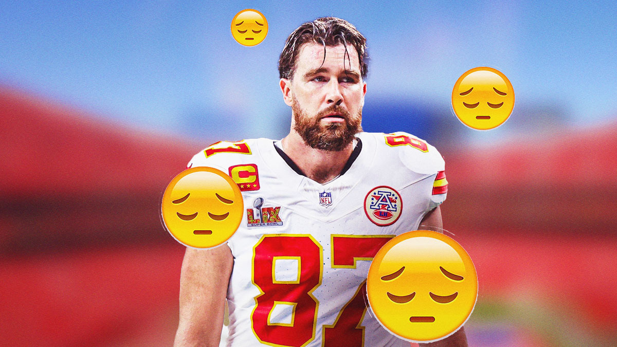 Chiefs' Travis Kelce looking sad, with sad emojis all over him