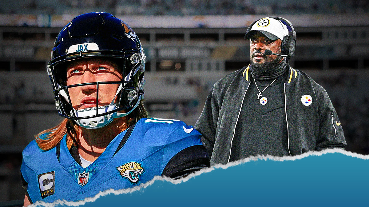 Trevor Lawrence in a Jacksonville Jaguars uniform and Pittsburgh Steelers coach Mike Tomlin with question marks after lawrence trade rumors.