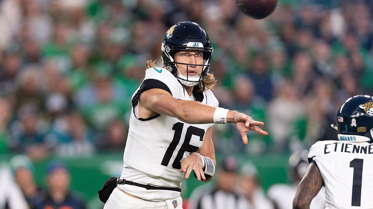 Jacksonville Jaguars Quarterback Trevor Lawrence (16) passes the ball against the Philadelphia Eagles during the second quarter at the Lincoln's financial field.