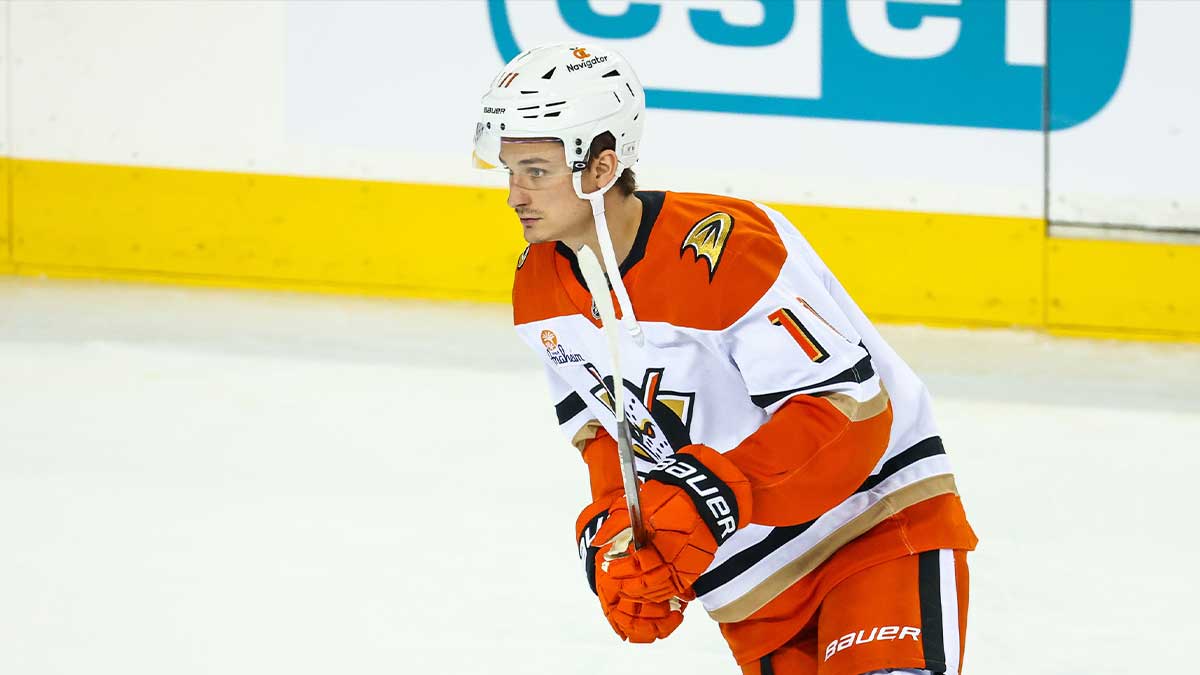 Anaheim Ducks Center Trevor Zegras (11) skates during the heating period on the flame in Calgary in Scotiabank Saddledome.