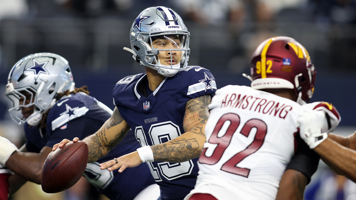 Jan 5, 2025; Arlington, Texas, USA; Dallas Cowboys quarterback Trey Lance (19) throws a pass against the Washington Commandersduring the first quarter at AT&T Stadium. 