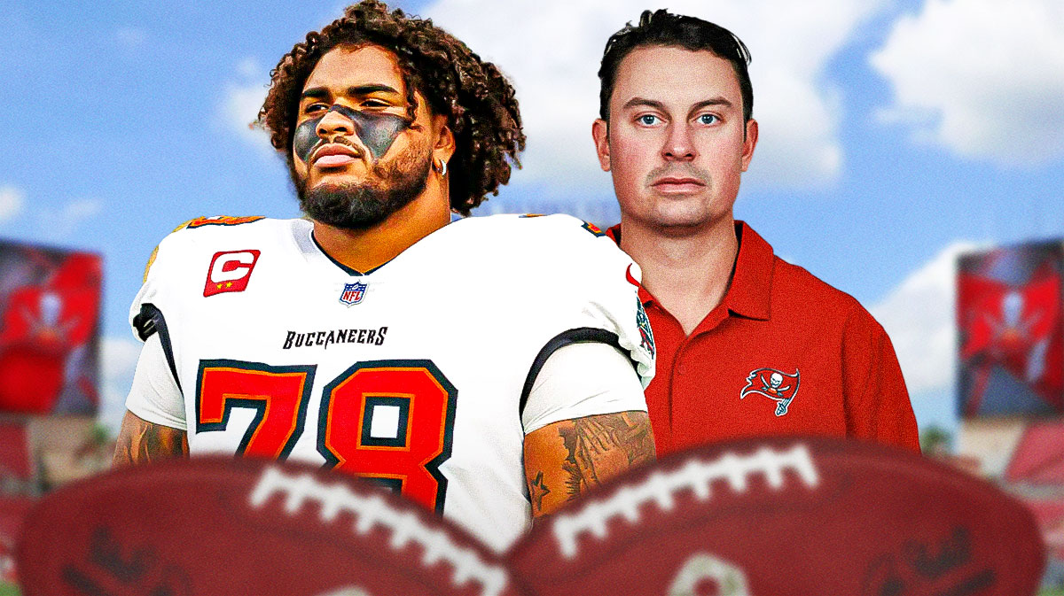 Tampa Bay Buccaneers star Tristan Wirfs and Josh Grizzard in front of Raymond James Stadium.
