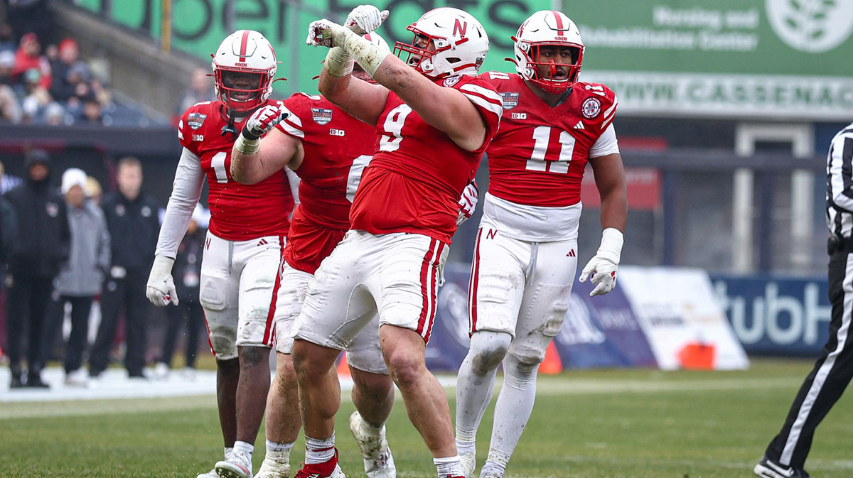 Nebraska Cornhuskers defensive lineman Ty Robinson (9) celebrates a defensive stop during the first half against the Boston College Eagles at Yankee Stadium. Mandatory Credit: Vincent Carchietta-Imagn Images