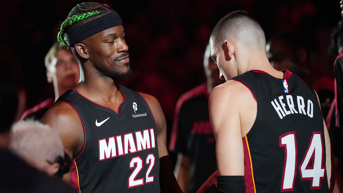 Miami Heat Jimmy Butler (22) and guard Tyler Herro (14) are introduced during pregame-ceremony before the game against Indiana Pacer in Kaseia Center