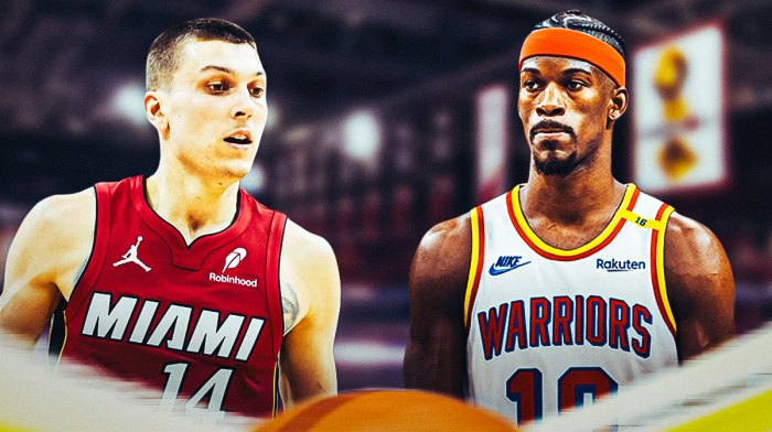 Miami Heat star Tyler Herro next to Jimmy Butler currently on the Warriors in front of Kaseya Center.