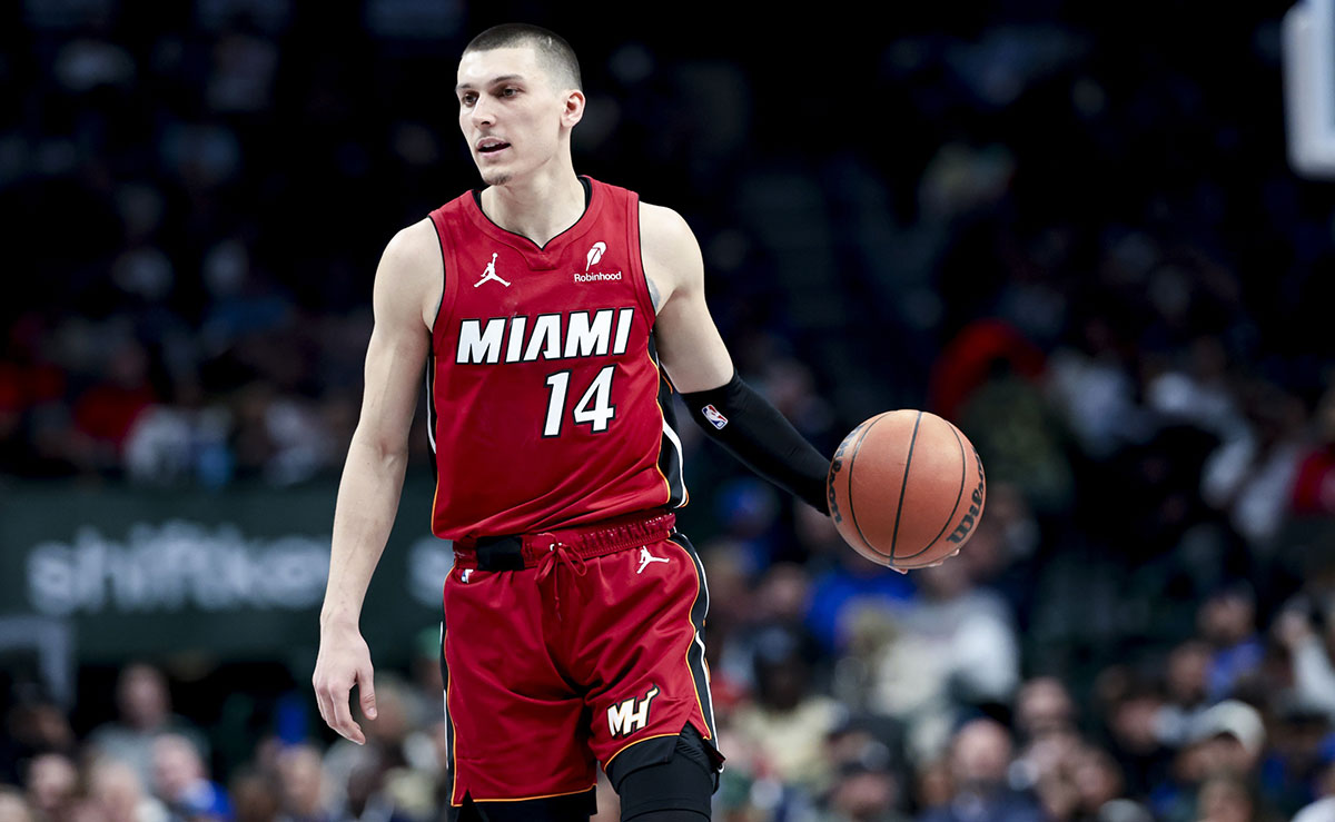 Miami Hear Guard Tyler Herro (14) control the ball during the second half against Dallas Mavericks to the center of American Airlines. 