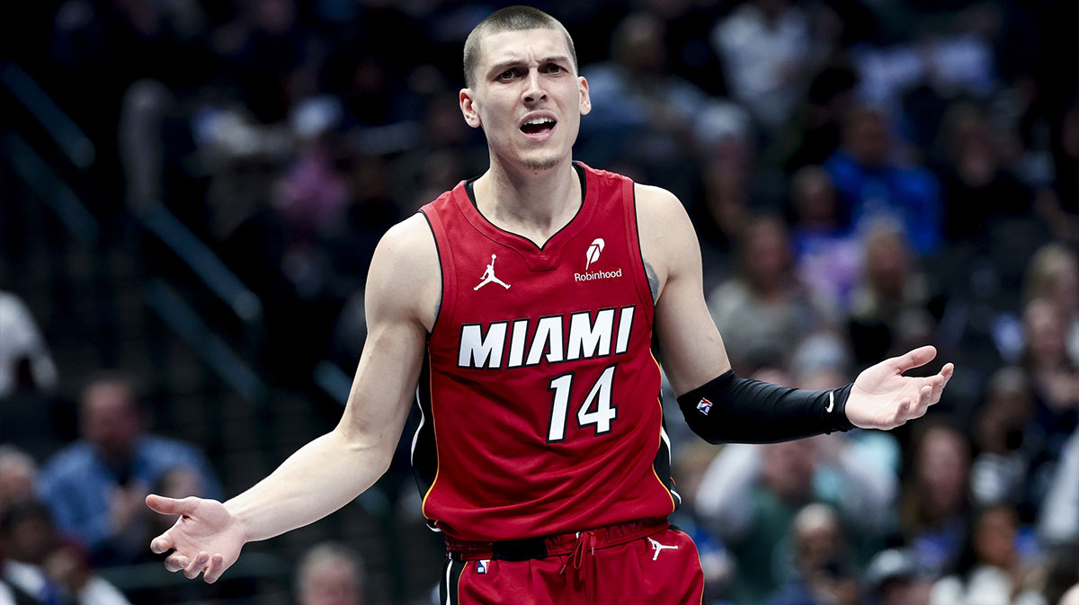 Miami Heror Guard Tyler Herro (14) reacts during the first half against Dallas Mavericks to the center of American Airlines.