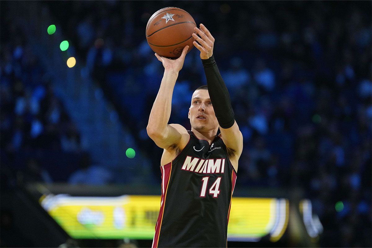 Miami heat guard Tyler Herro (14) competes in three points competition during all stars on Saturday night in front of 2025 NBA All Star Game in Chase Center.