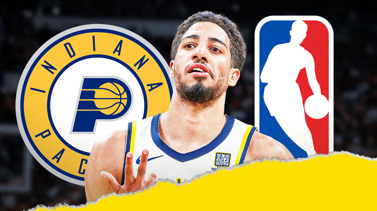 Tyrese Halliburton, Indiana Pacers and NBA logos, megaphone symbols