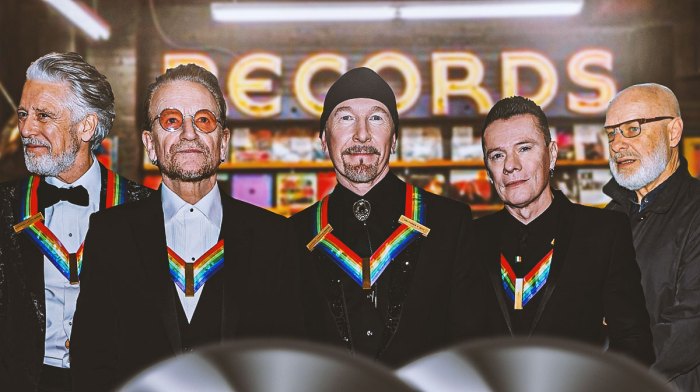 U2 members Adam Clayton, Bono, The Edge, and Larry Mullen Jr with Brian Eno, who together released Original Soundtracks 1 as Passengers, which will be released during the 2025 Record Store Day.