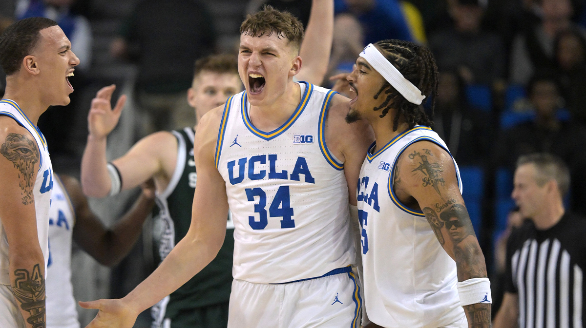 Ucla Burins Guard Kobe Johnson (0) and Skyi Clark Guard (55) Celebrate with Advanced Tyler Bilodeau (34) After the basket during the second half against state spartants in Michigan on Pavilii Paulii presented Vesca. 