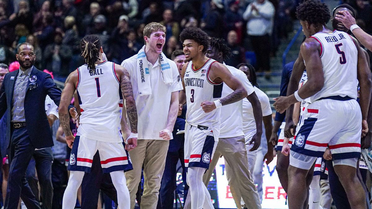 Uconn Huskies Guard Solo Ball (1), front McNeelei (30) and forward Jailin Stewart (3) responds after the play against the Depal Column Demon in the second half in the KSL Center.