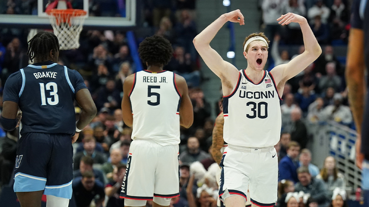 UConn Huskies forward Liam McNeeley (30) reacts after a basket against the Villanova Wildcats in the first half at XL Center.