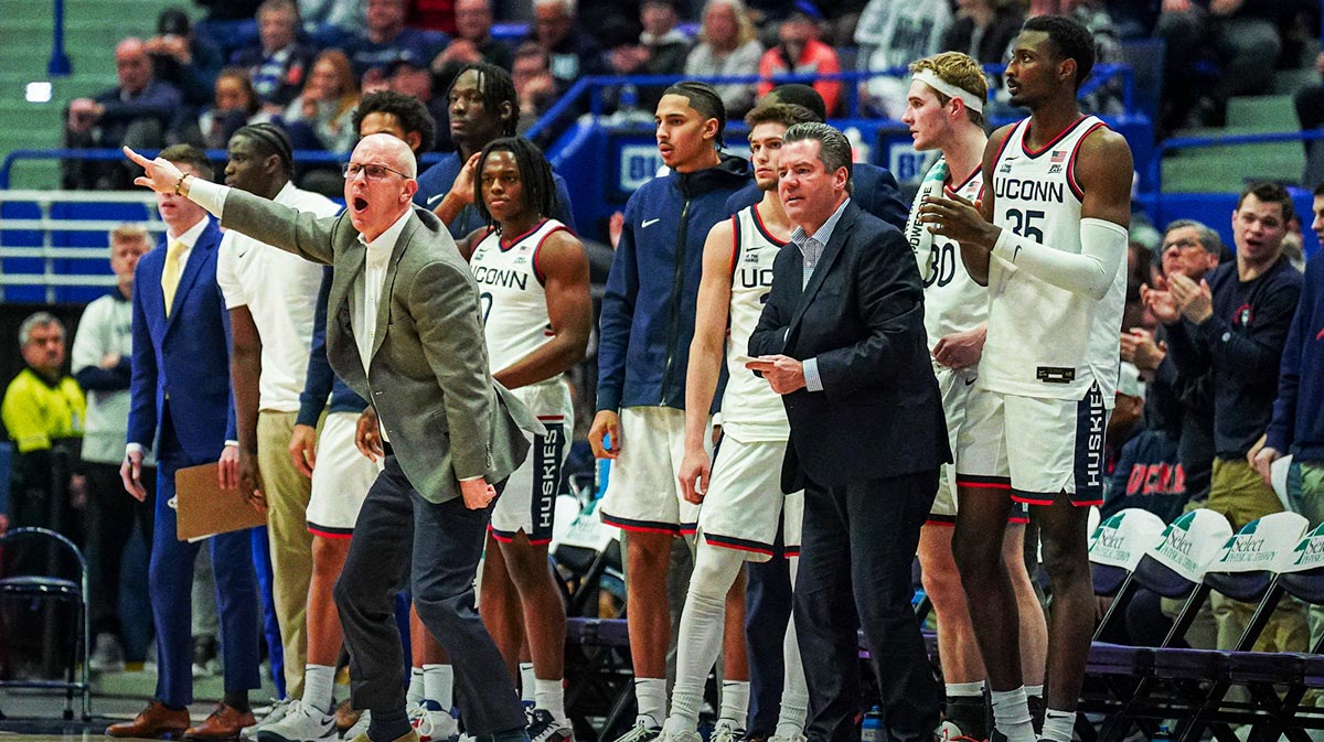 UConn Huskies head coach Dan Hurley watches from the sideline as they take on the Villanova Wildcats at XL Center.