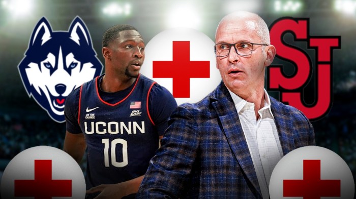 Dan Hurley, Hassan Diarra, UConn Huskies and St. John's logos, injury symbols