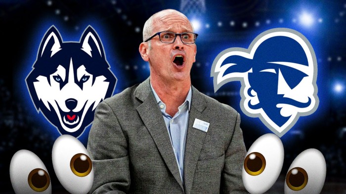 Dan Hurley, UConn and Seton Hall logos, eyes symbols