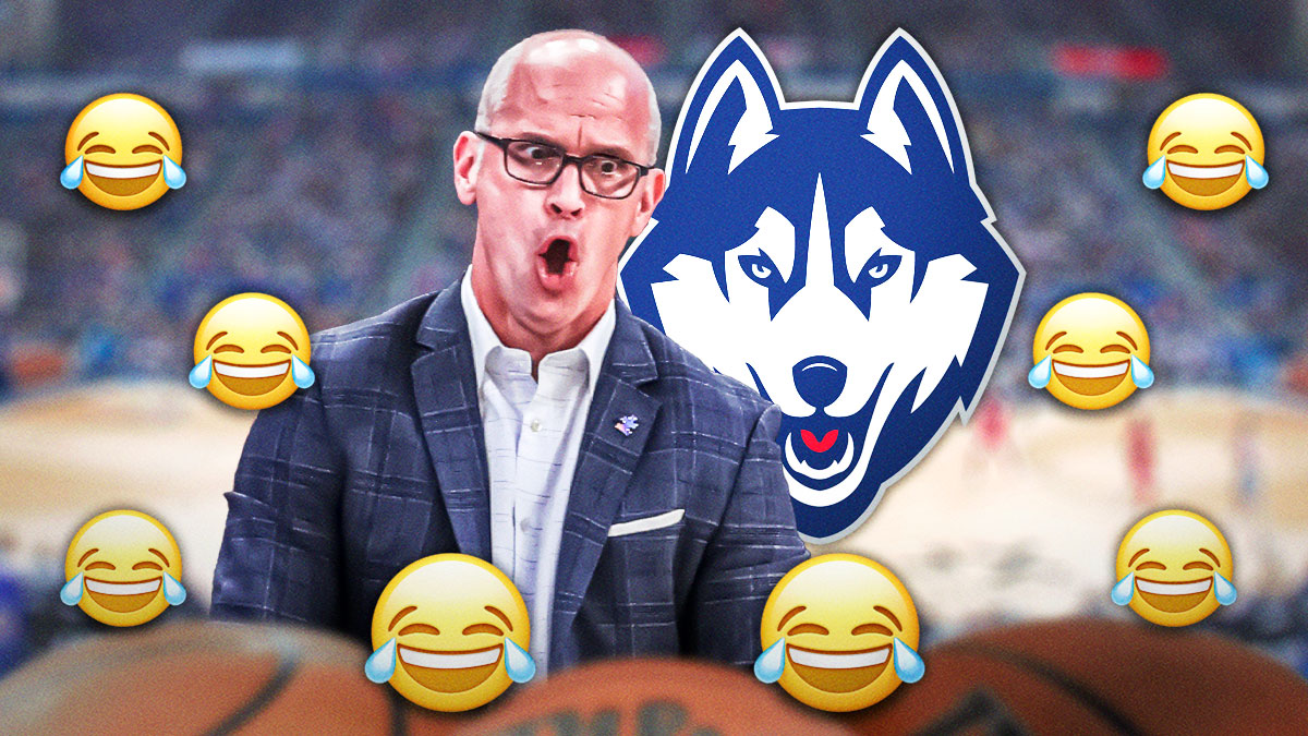 Dan Hurley, UConn Huskies logo, laughing symbols