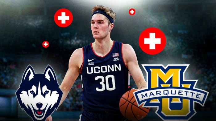 Liam McNeeley, UConn Huskies and Marquette Golden Eagles logos, injury symbols surrounding McNeeley