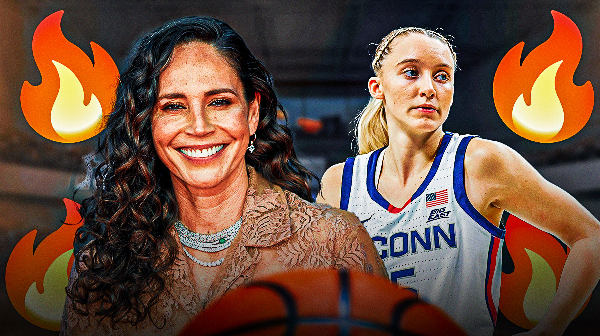 Sue Bird and Paige Bueckers, UConn Huskies logo, fire symbols