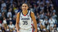 UConn Huskies guard Azzi Fudd (35) reacts after her three point basket against the St. John's Red Storm in the second half