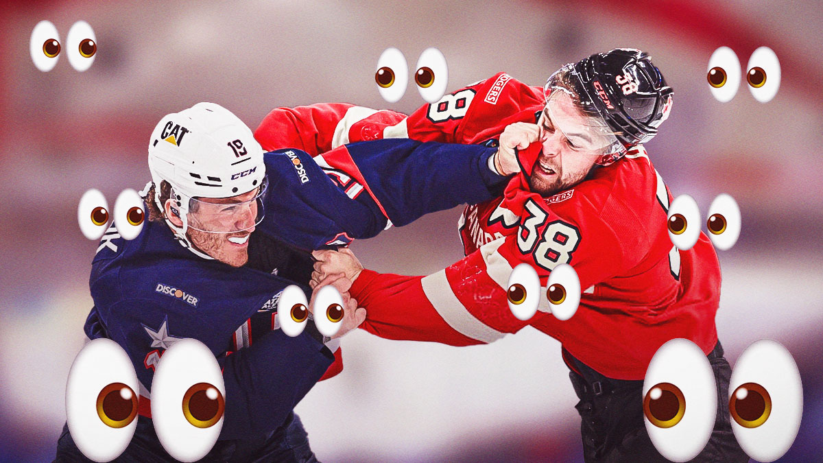 Matthew Tkachuk fighting Brandon Hagel. Eyeballs emoji all around