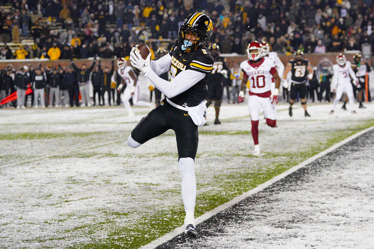 Nov 30, 2024; Columbia, Missouri, USA; Missouri Tigers wide receiver Luther Burden III (3) catches a pass for a two point conversion against the Arkansas Razorbacks during the second half at Faurot Field at Memorial Stadium.