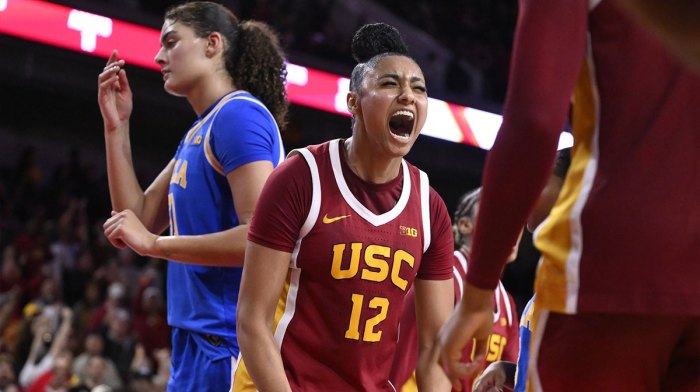 USC Trojans guard JuJu Watkins (12) reacts after scoring in the fourth quarter against the UCLA Bruins.