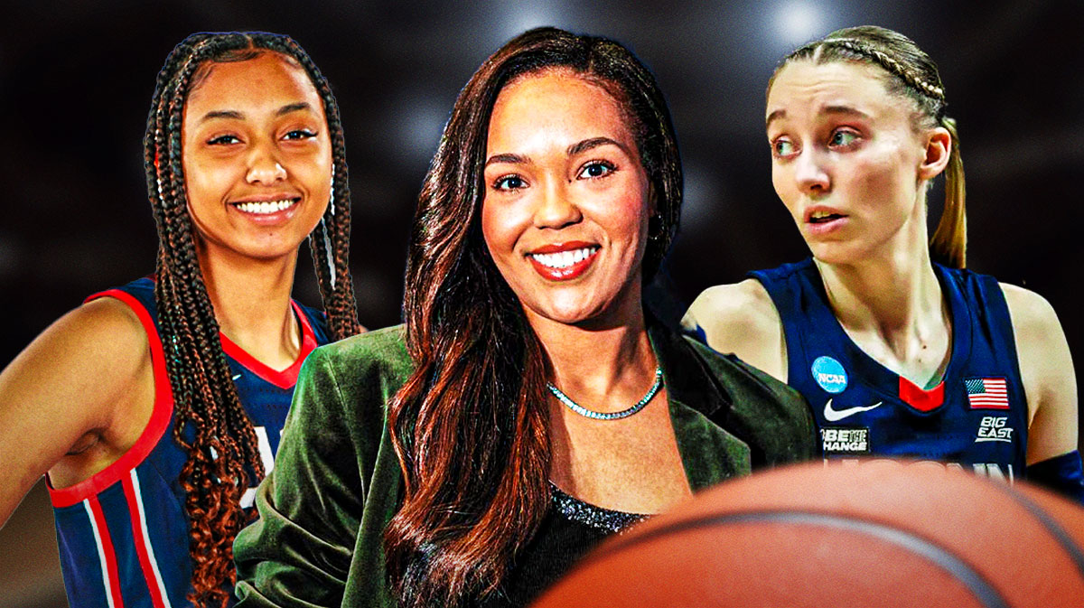 Napheesa Collier smiling, with Paige Bueckers and JuJu Watkins in an Unrivaled jersey.