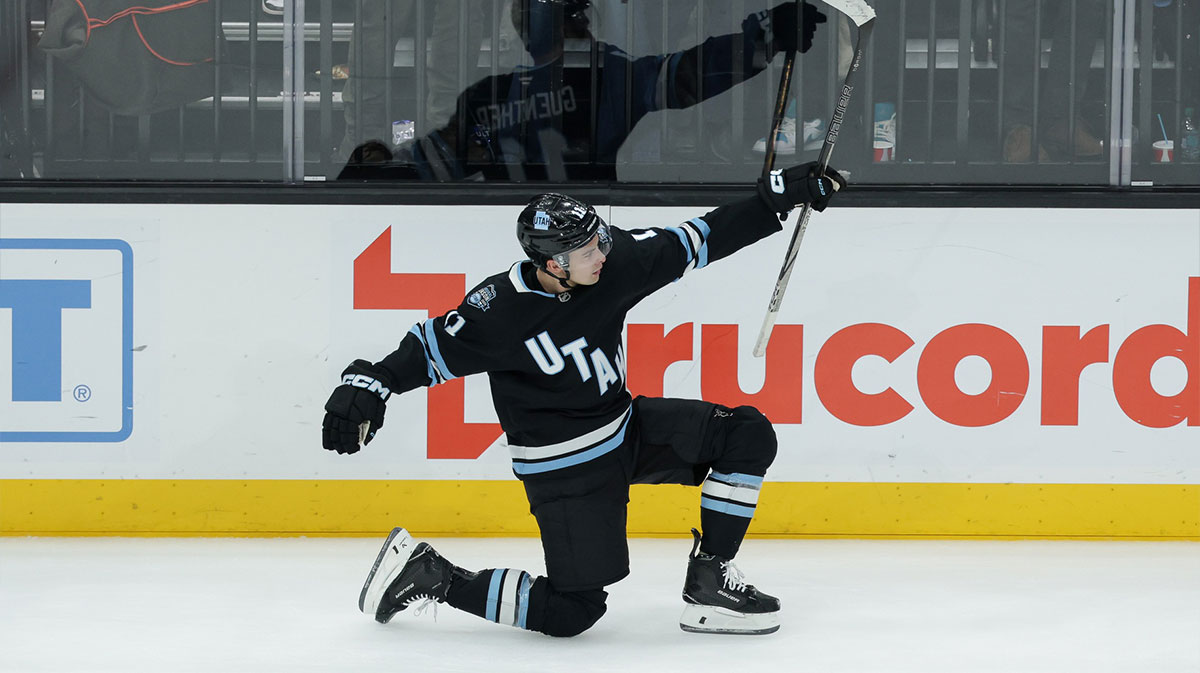Utah Hockey Club right wing Dylan Guenther (11) celebrates scoring the game winning goal in overtime against the Philadelphia Flyers at Delta Center.