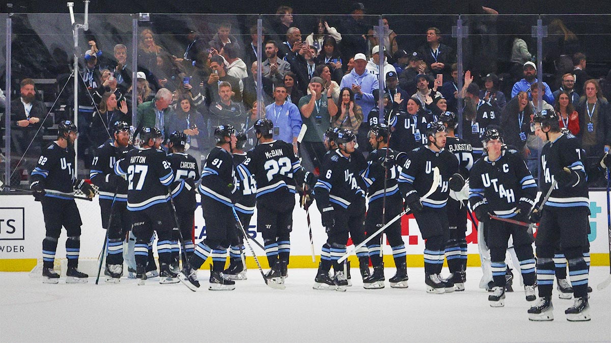 The Utah Hockey Club celebrate a win over the Chicago Blackhawks at Delta Center.