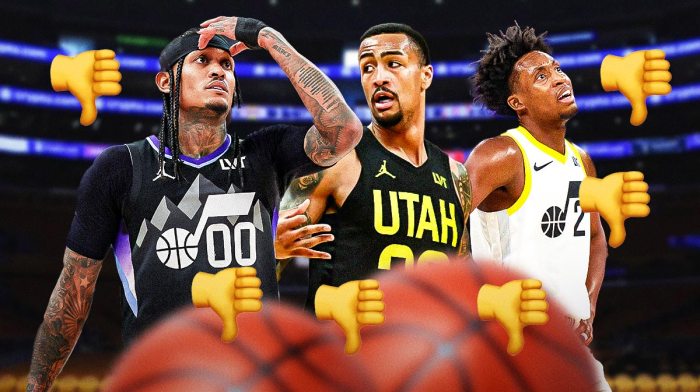 Jazz players Jordan Clarkson, John Collins, and Collin Sexton with thumbs down emojis all around