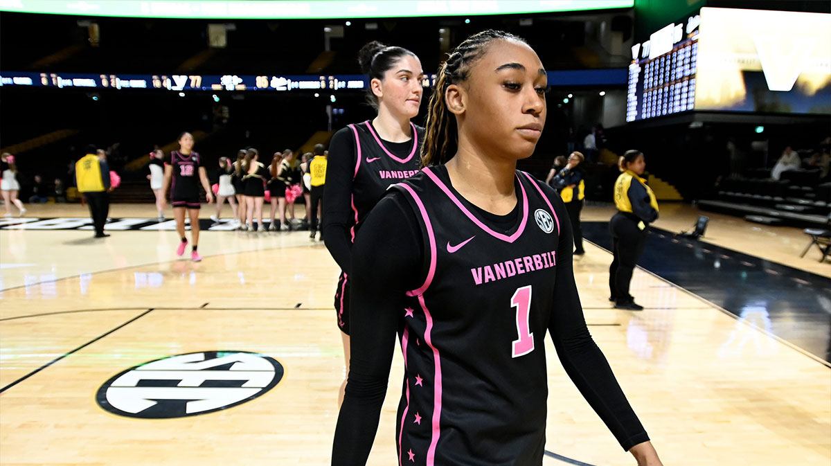 Vanderbilt guard Mikayla Blakes (1) walks off the court after the team’s 85-77 loss in double overtime to Mississippi State in a NCAA college basketball game.
