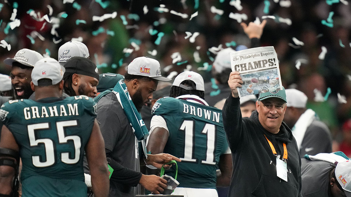 Philadelphia Eagles defensive coordinator Vic Fangio reacts after defeating the Kansas City Chiefs in Super Bowl LIX at Caesars Superdome