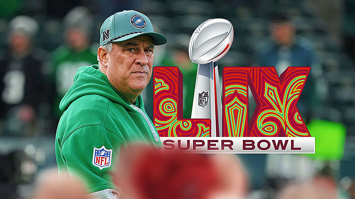 Vic Fangio, Eagles, Chiefs, Eagles Chiefs, Super Bowl, Vic Fangio and this year's Super Bowl logo with Caesar's Super dome in the background