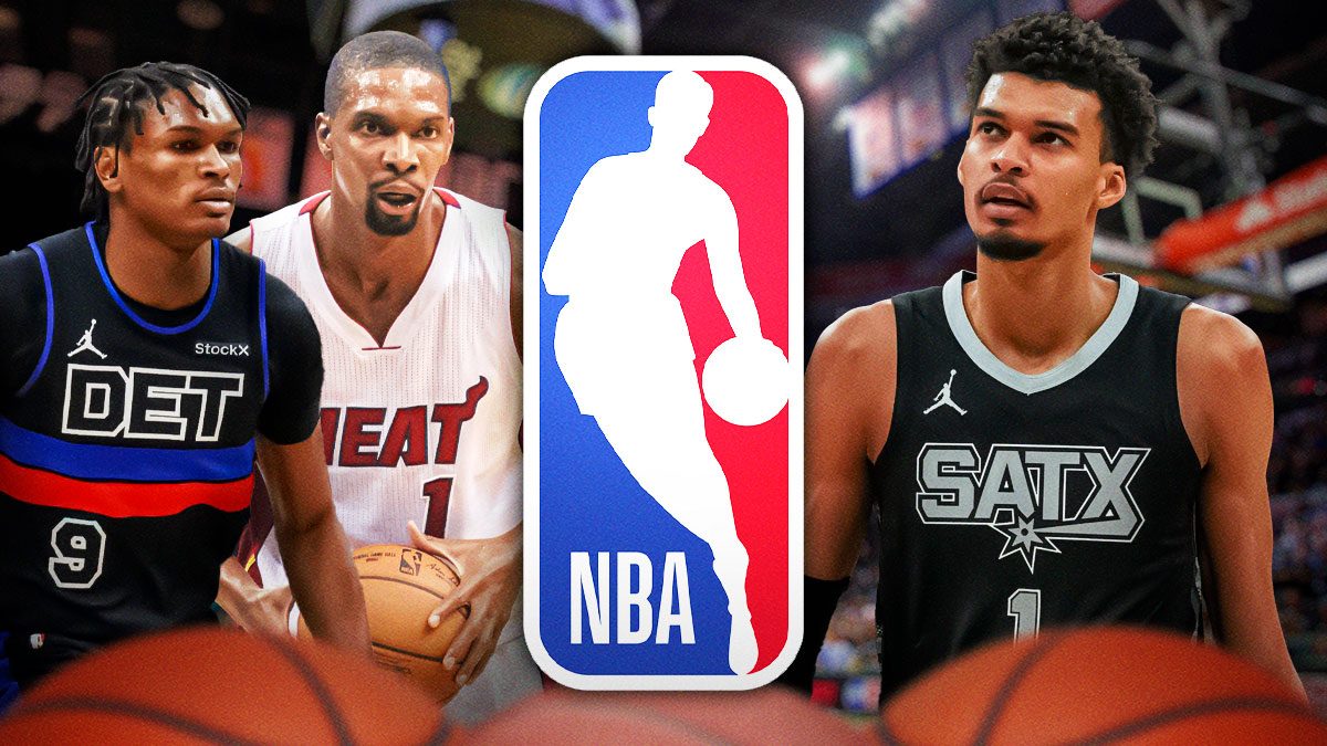 Victor Wembanyama, Ausar Thompson, Chris Bosh all together. NBA logo front and center.