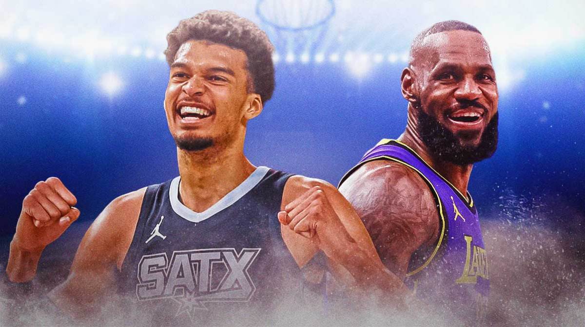 Spurs' Victor Wembanyama and Lakers' LeBron James smiling together