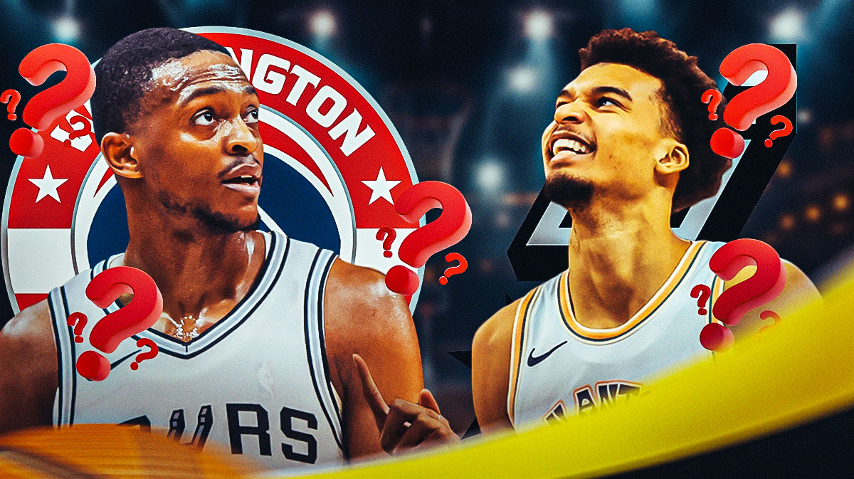 Victor Wembanyama laughing image, De'Aaron Fox shooting image, image of question marks, Spurs logo, Washington Wizards logo