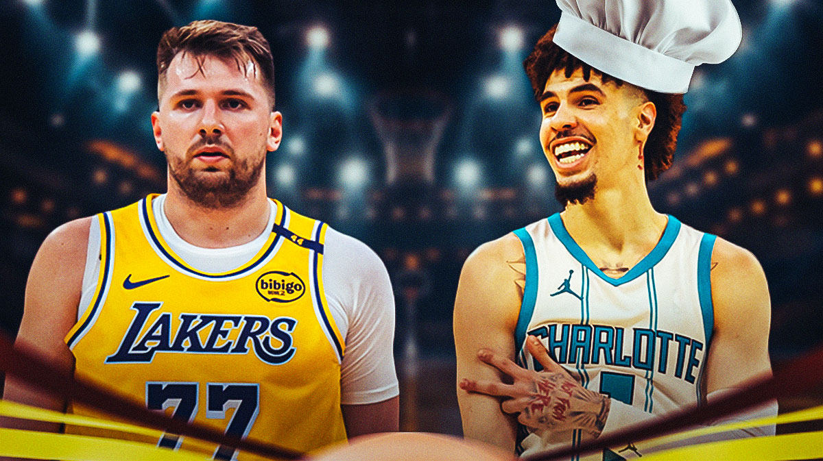 Hornets' LaMelo Ball in a chef hat vs. Lakers' Luka Doncic