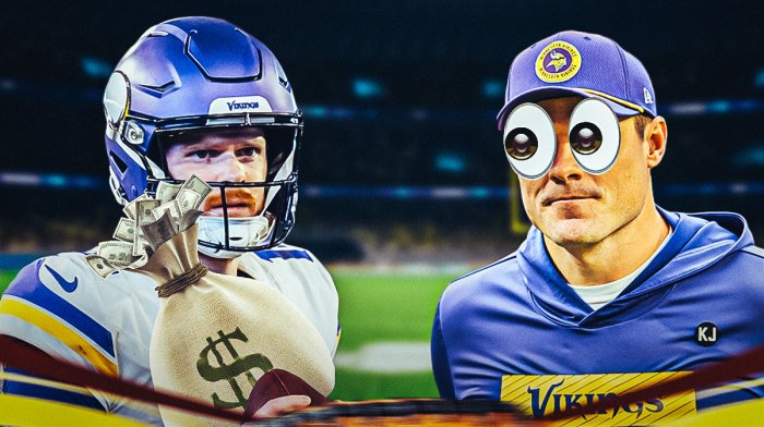 Vikings head coach Kevin O'Connell with big cartoon eyes looking at Sam Darnold in a Minnesota Vikings uniform holding a bag of money as free agency arrives.