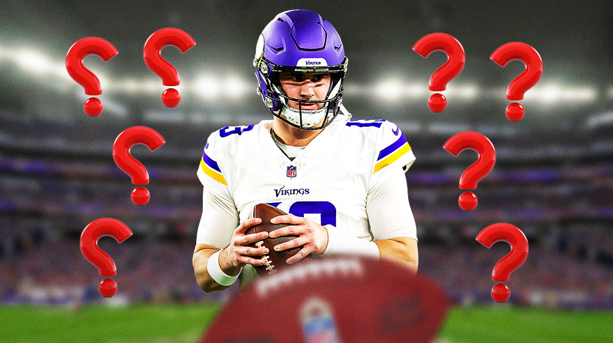 Daniel Jones in a Vikings uniform with question marks all around.