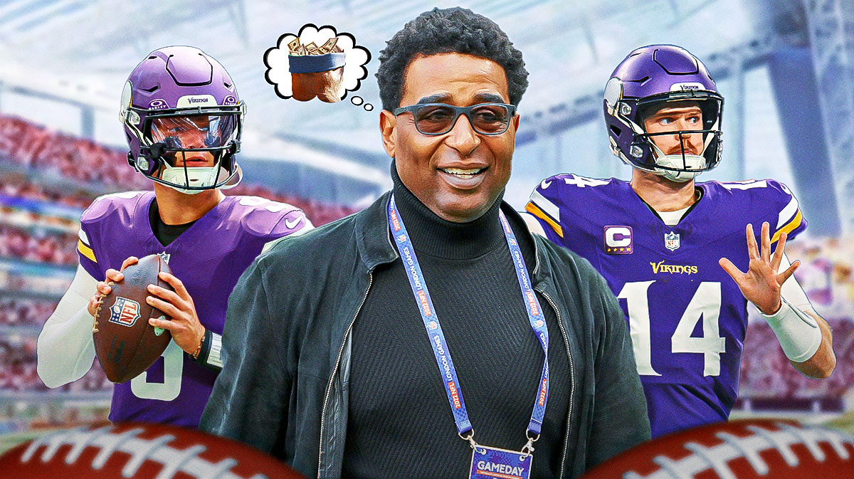 Cris Carter with a thought bubble that has money bags in it, along with Vikings quarterbacks JJ McCarthy and Sam Darnold next to one another.