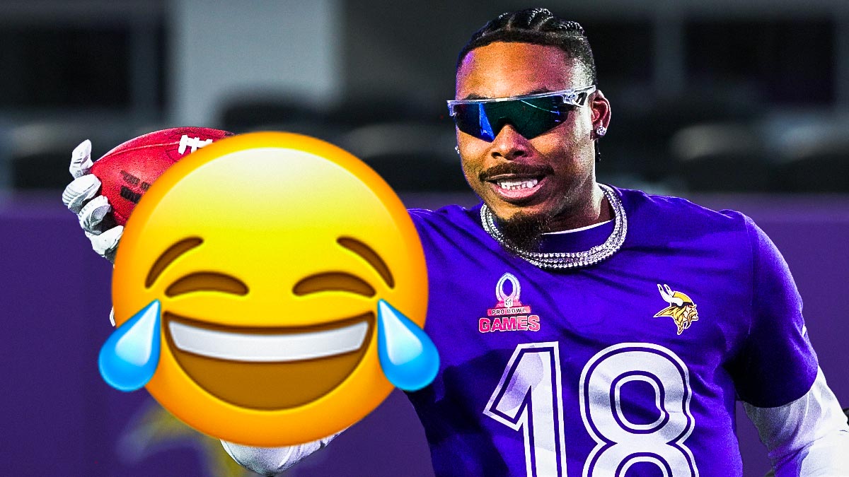 Image of Vikings wideout Justin Jefferson wearing sunglasses and smiling with laughing emoji next to him. Vikings logo in background