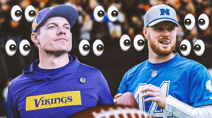 Kevin O'Connell and Sam Darnold with eye emojis around the picture.