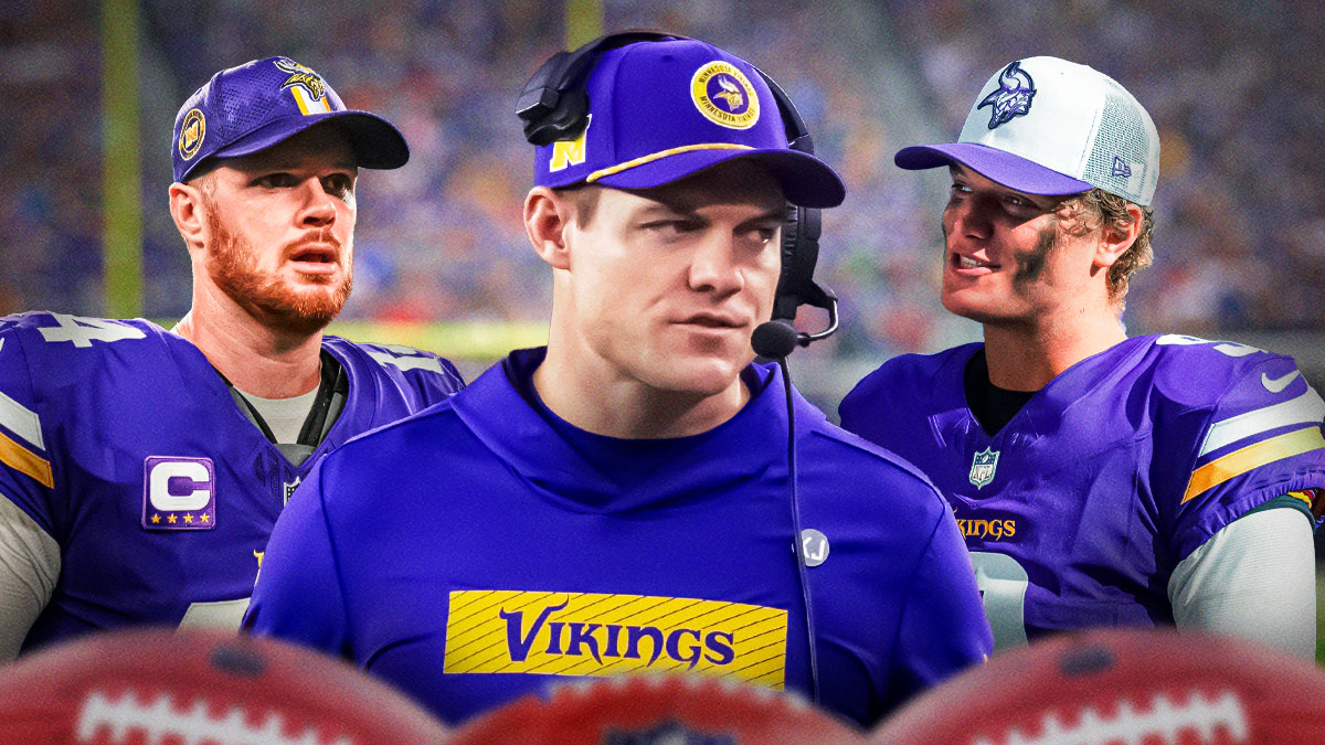 Kevin O'Connell next to JJ McCarthy and Sam Darnold at the Vikings stadium