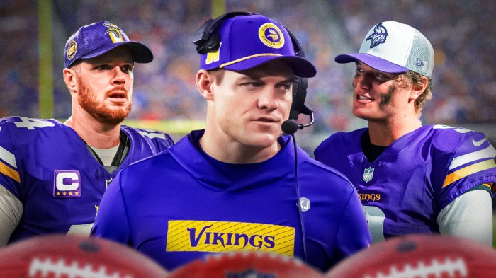Kevin O'Connell next to JJ McCarthy and Sam Darnold at the Vikings stadium